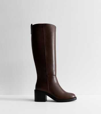 Dark Brown Faux Leather Heeled Knee High Boots