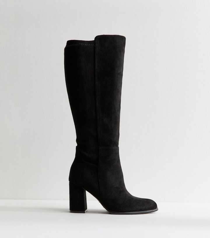 Wide Fit Black Faux Suede Knee High Boots
