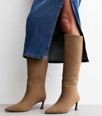 Camel Faux Suede Heeled Knee High Boots