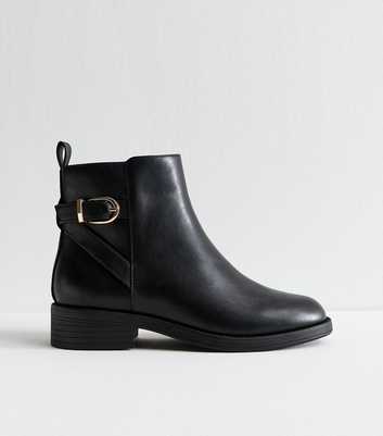 Wide Fit Black Faux Leather Buckle Detail Ankle Boots