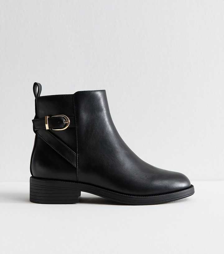 Wide Fit Black Faux Leather Buckle Detail Ankle Boots