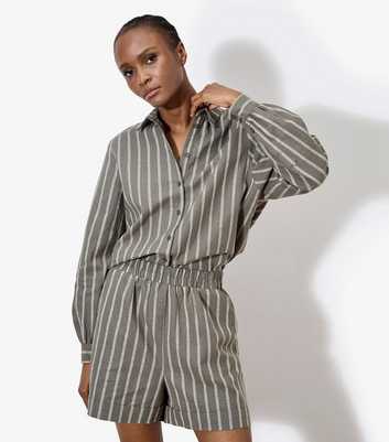 Apricot Khaki Striped Linen Blend Shirt