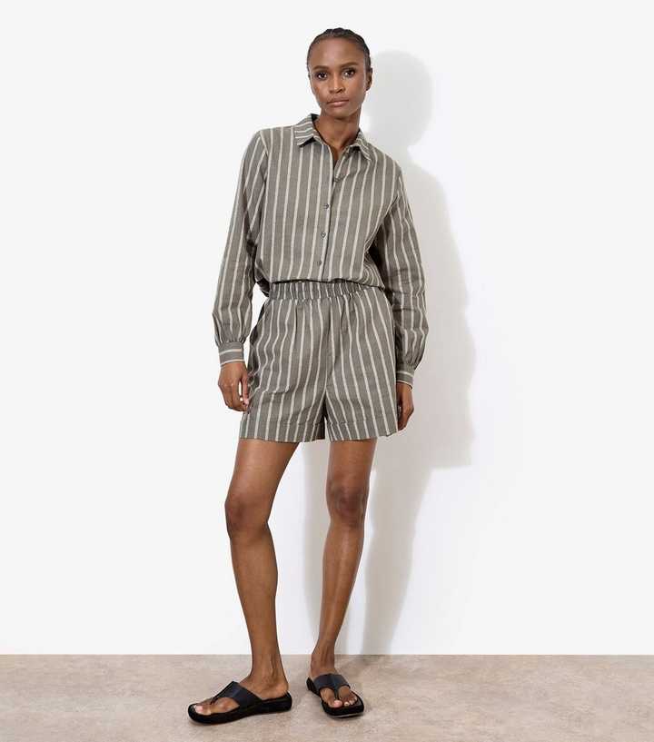 Apricot Khaki Striped Linen Blend Shorts