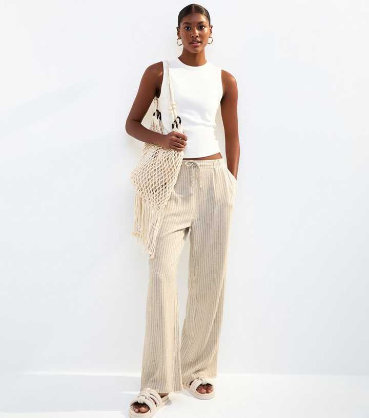 Stone Stripe Linen Look Wide Leg Trousers
