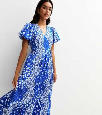 Blue Floral Print Puff Sleeve Wrap Midi Dress