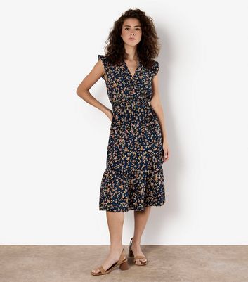 Apricot Navy Flora Print Wrap Dress