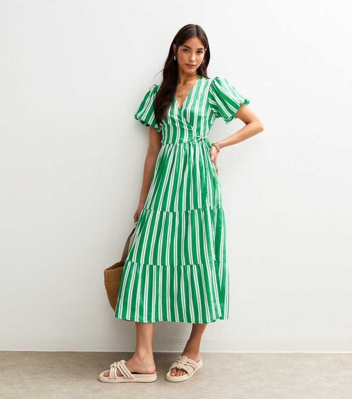 Green Crepe Stripe Print Midi Wrap Dress | New Look