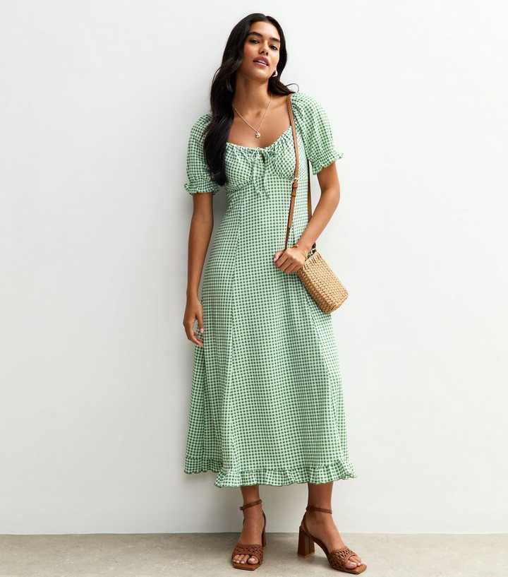 Green Gingham Print Crinkle Texture Milkmaid Midi Dress