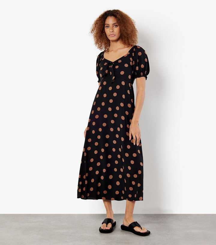 Apricot Black Spot Print Bow Detail Midi Dress