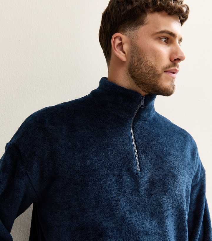 Navy Regular Fit Quarter Zip Fluffy Funnel Neck Sweatshirt