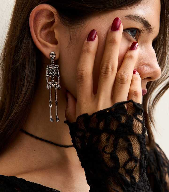 Silver Tone Halloween Skeleton Drop Earrings