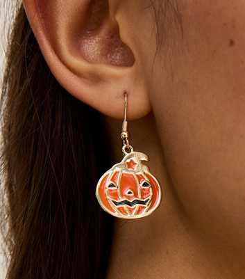 Gold Tone Pumpkin Charm Hook Earrings