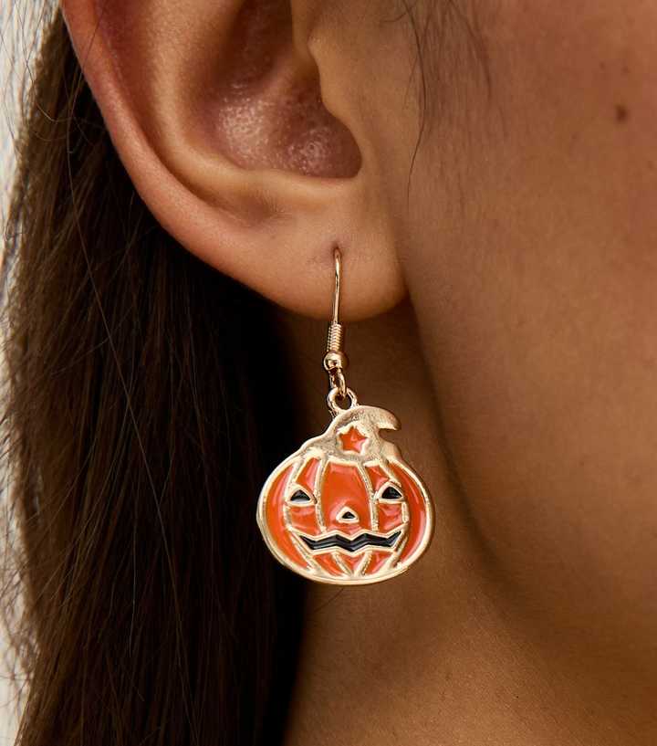 Gold Tone Pumpkin Charm Hook Earrings
