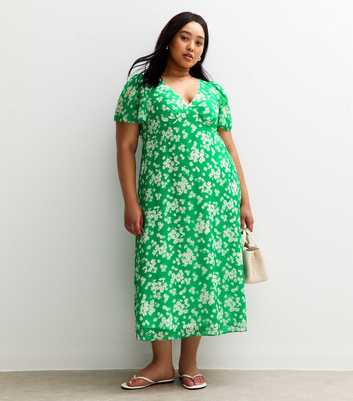 Curves Green Floral Print Chiffon Midi Dress