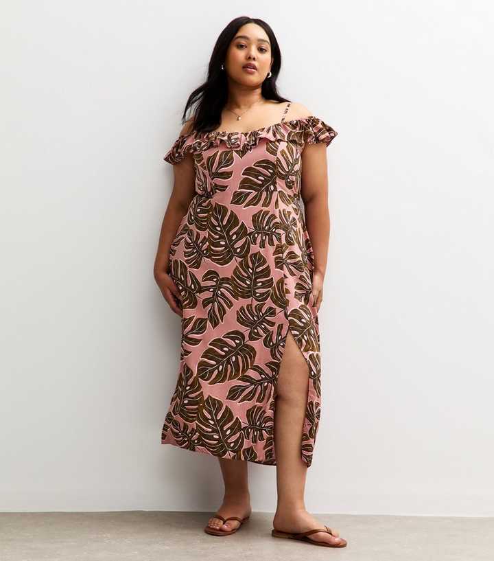 Curves Brown Leaf Print Midi Dress