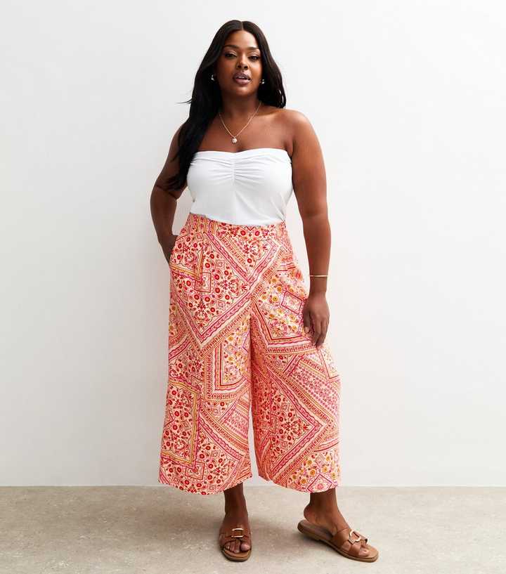 Curves Pink Floral Scarf Print Wide Leg Cropped Trousers New Look