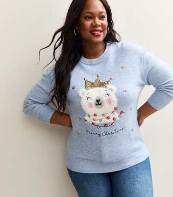 Curves Blue Christmas Polar Bear Embellished Jumper