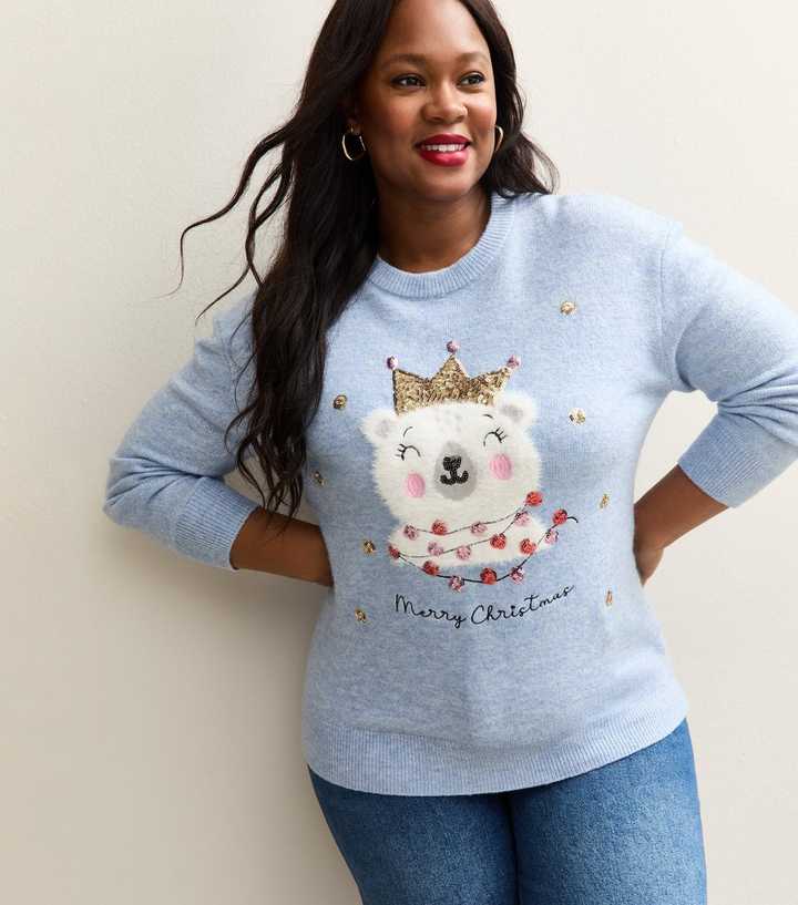 Curves Blue Christmas Polar Bear Embellished Jumper