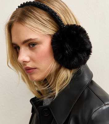 Black Bead Embellished Faux Fur Earmuffs