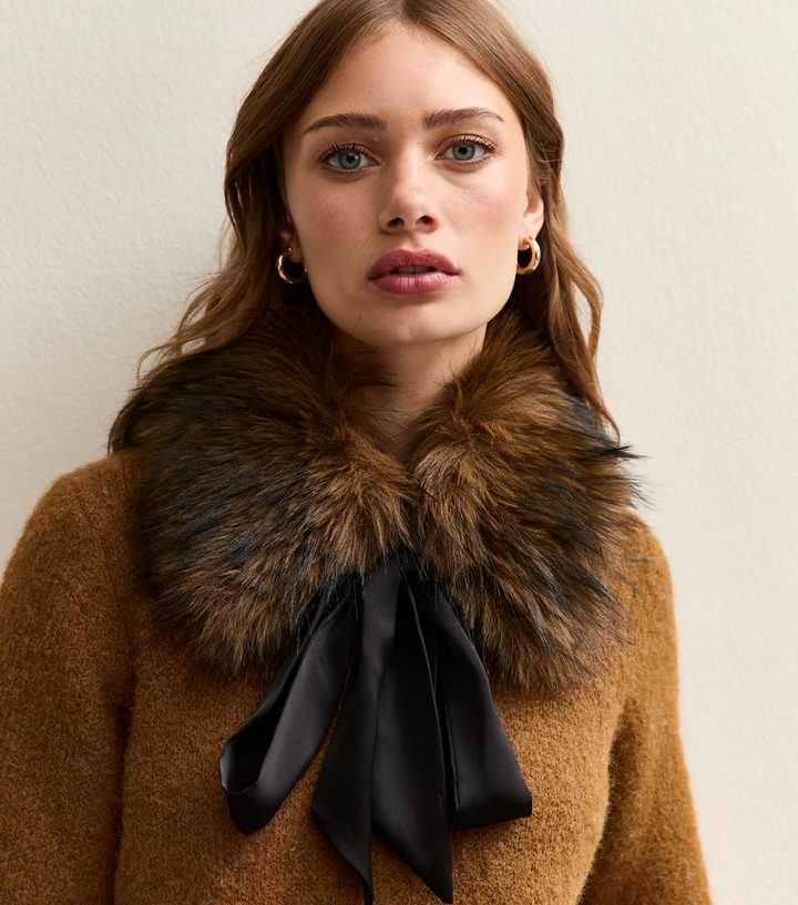 Brown Tie Up Faux Fur Collar