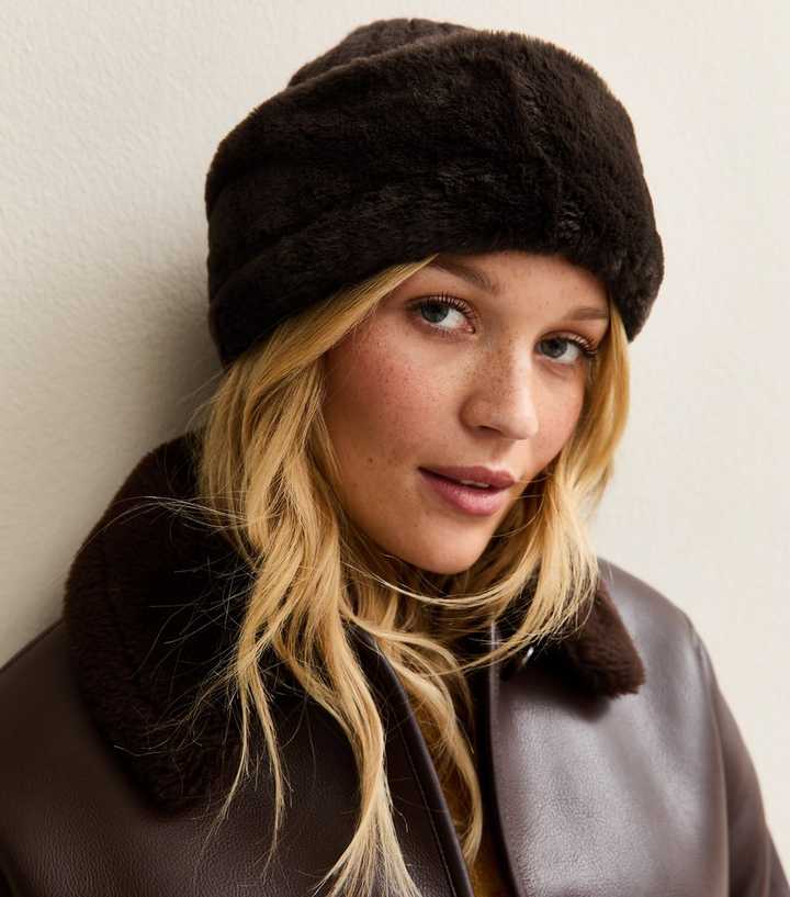 Dark Brown Faux Fur Trim Hat