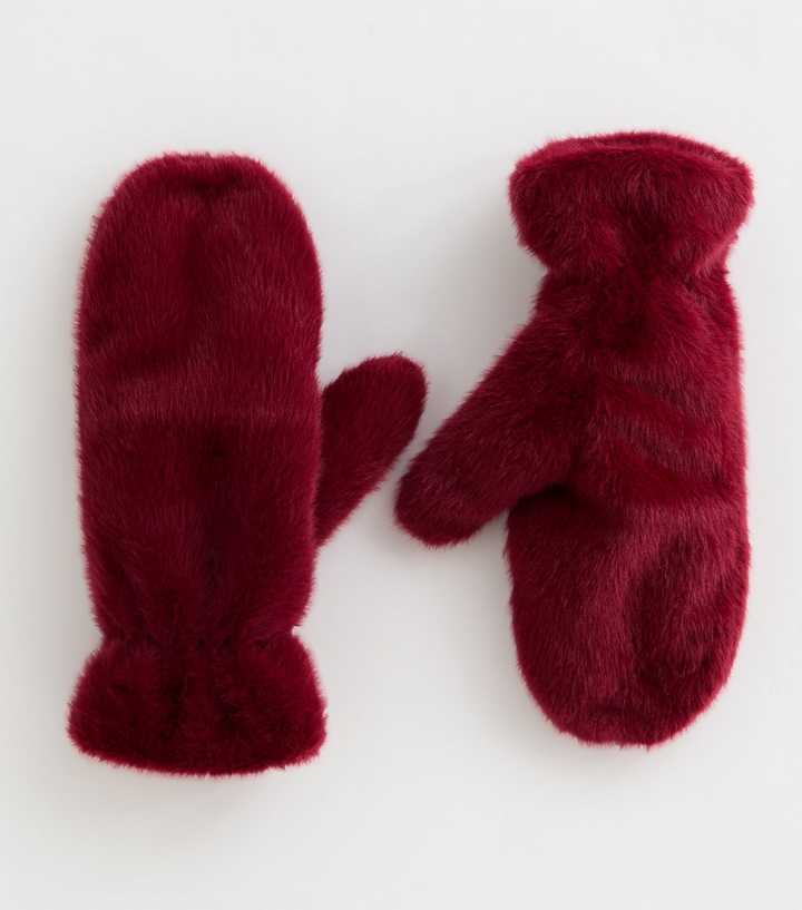 Dark Red Faux Fur Mittens