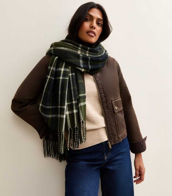 Khaki Brushed Midweight Checked Scarf