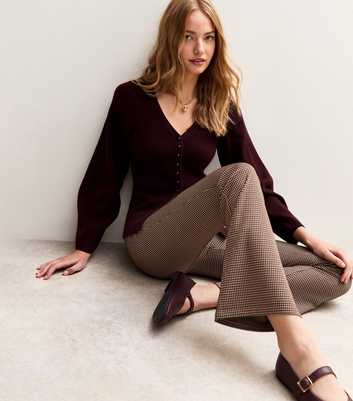Brown Jacquard Dogtooth Flared Leg Trousers