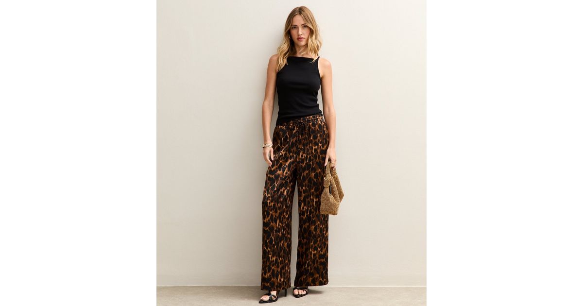 Brown Animal Print Satin Wide Leg Trousers New Look