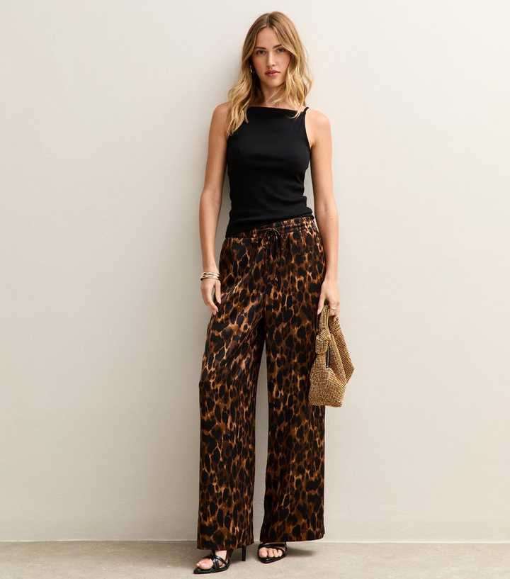 Brown Animal Print Satin Wide Leg Trousers