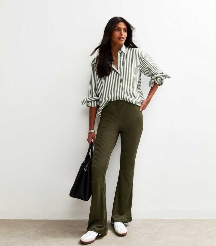 Khaki Ribbed Jersey Flared Trousers