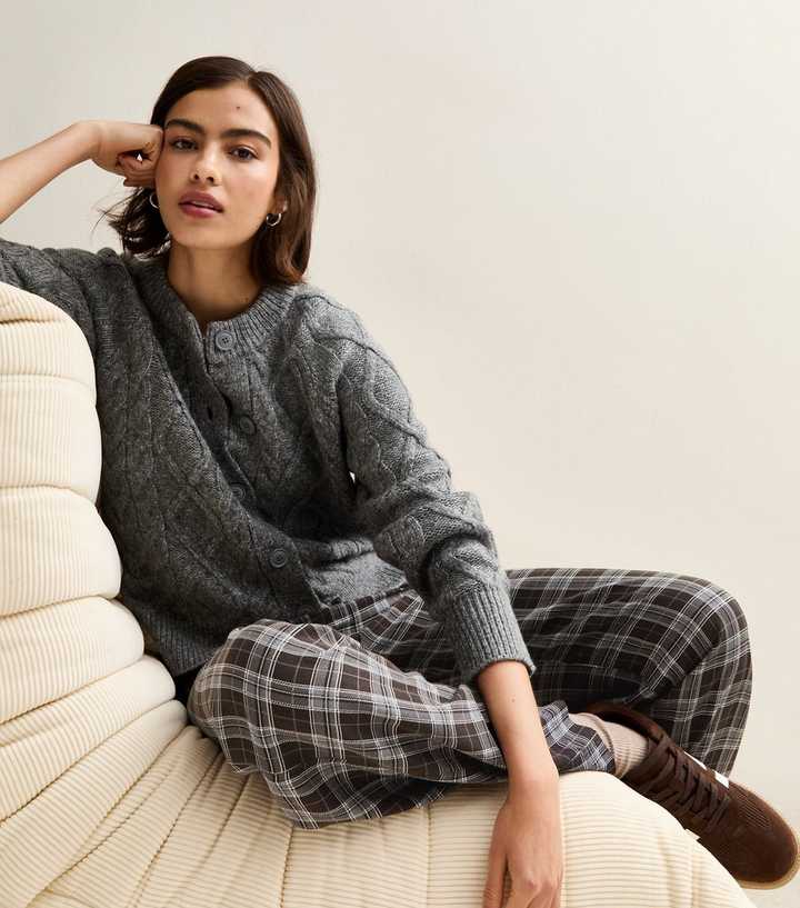 Grey Checked Wide Leg Trousers