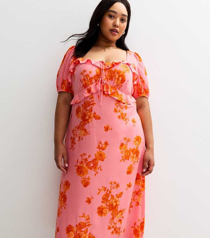 Curves Pink Floral Print Ruffle Trim Milkmaid Midi Dress