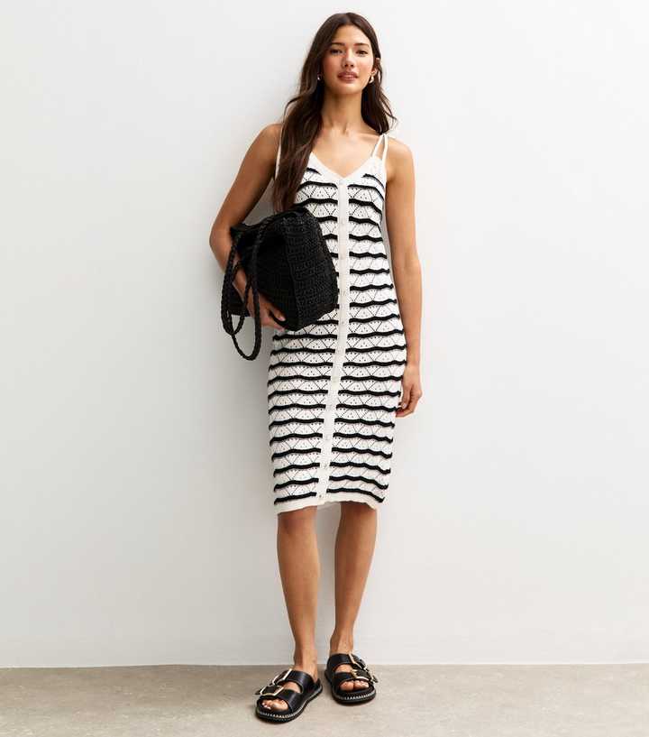 Sunshine Soul White Scallop Stripe Pointelle Knit Midi Dress