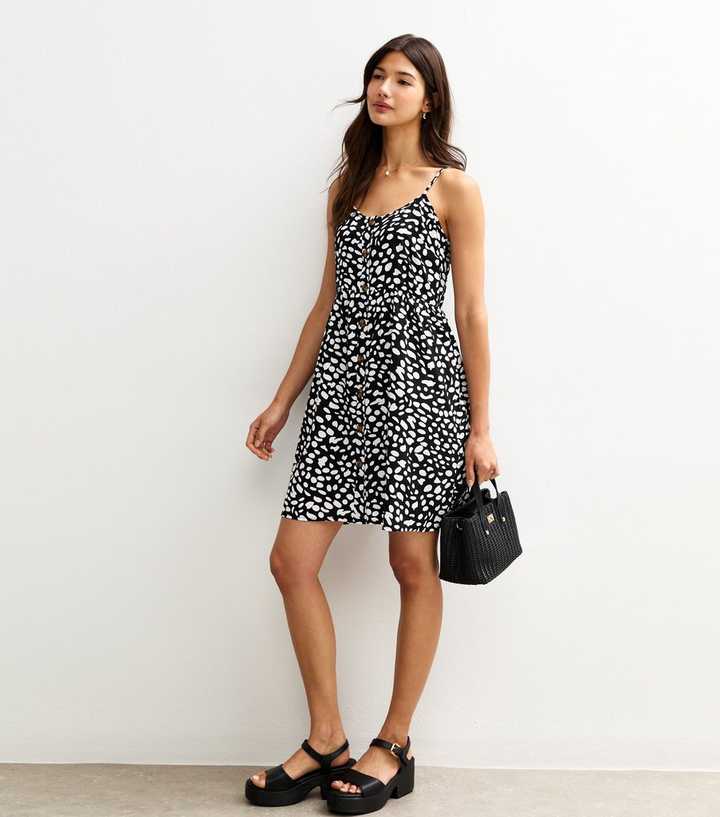 Sunshine Soul Black Abstract Polka Dot Strappy Mini Dress