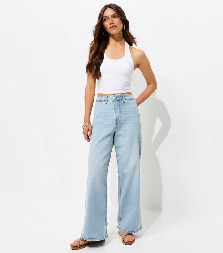 Petite Mid Blue Wash Stretch Wide Leg Jeans