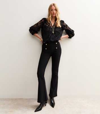 Black Gold Button Ribbed Flared Leg Trousers
