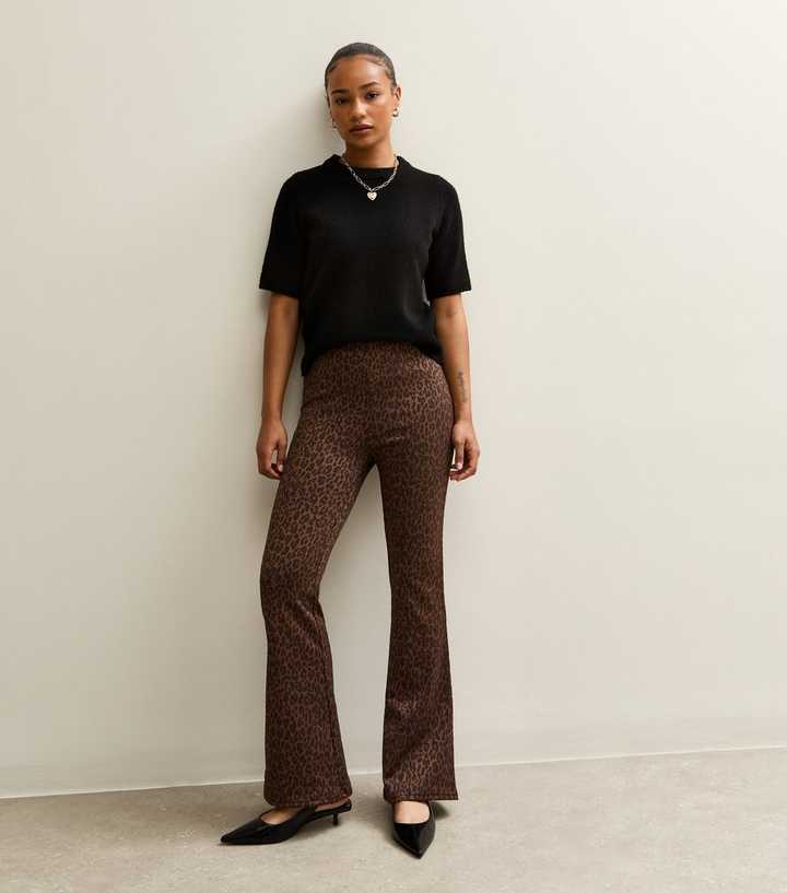 Petite Brown Leopard Print Flared Leg Trousers