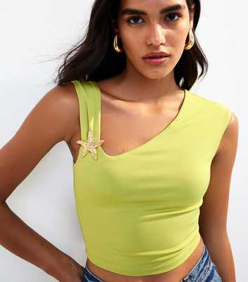Light Green Starfish Applique Asymmetric Neckline Top