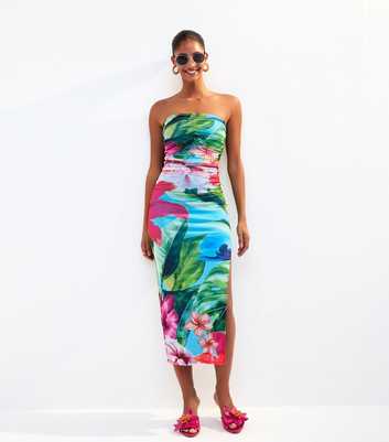 Blue Tropical Print Mesh Bandeau Dress