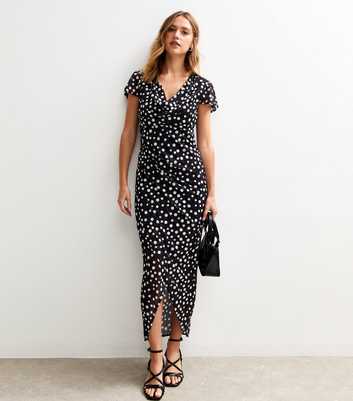 Black Polka Dot Print Cowl Neck Midi Dress