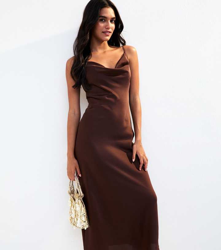 Dark Brown Satin Cowl Neck Midi Dress