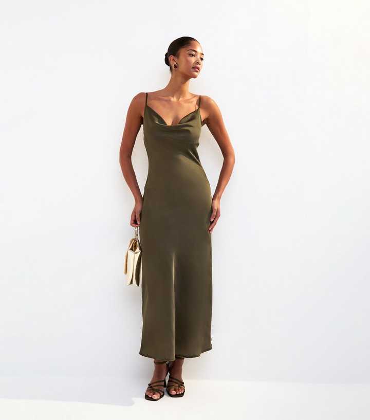 Dark Khaki Satin Cowl Neck Midi Dress