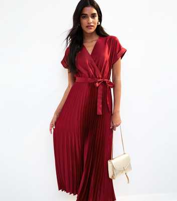 Red Satin Pleated Skirt Wrap Midi Dress