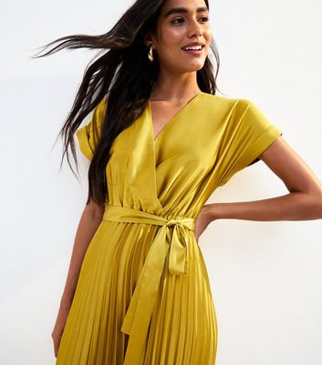 Light Green Satin Pleated Skirt Wrap Midi Dress New Look