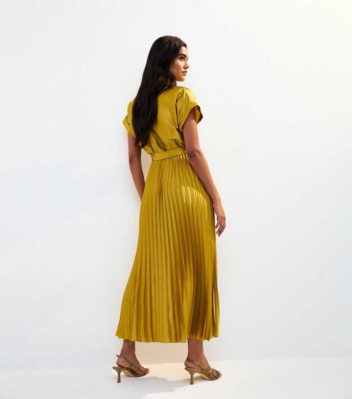 Light Green Satin Pleated Skirt Wrap Midi Dress