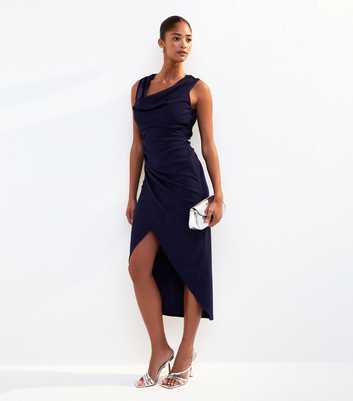 Navy Scuba Cowl Neck Cut Out Back Midi Dress