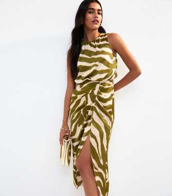 Green Zebra Print Satin Slit Hem Midi Dress