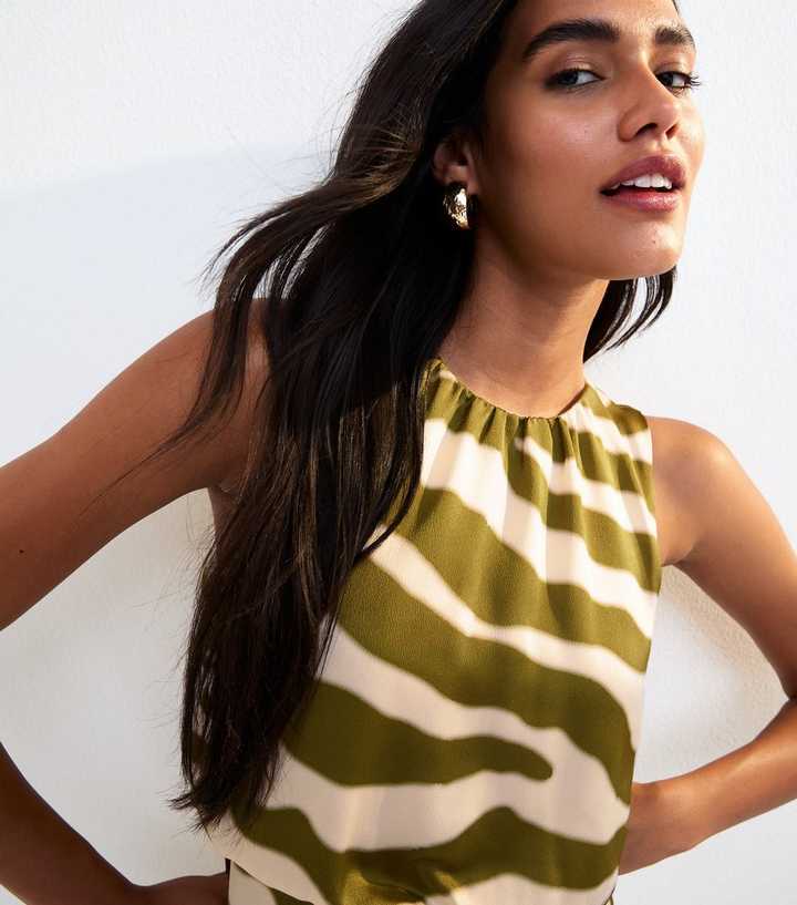gone with the wind green and white dress Zebra Knit Sweater Dress Round Neck Playful Animal Print Long Sleeve Mini Tan / M main image 0