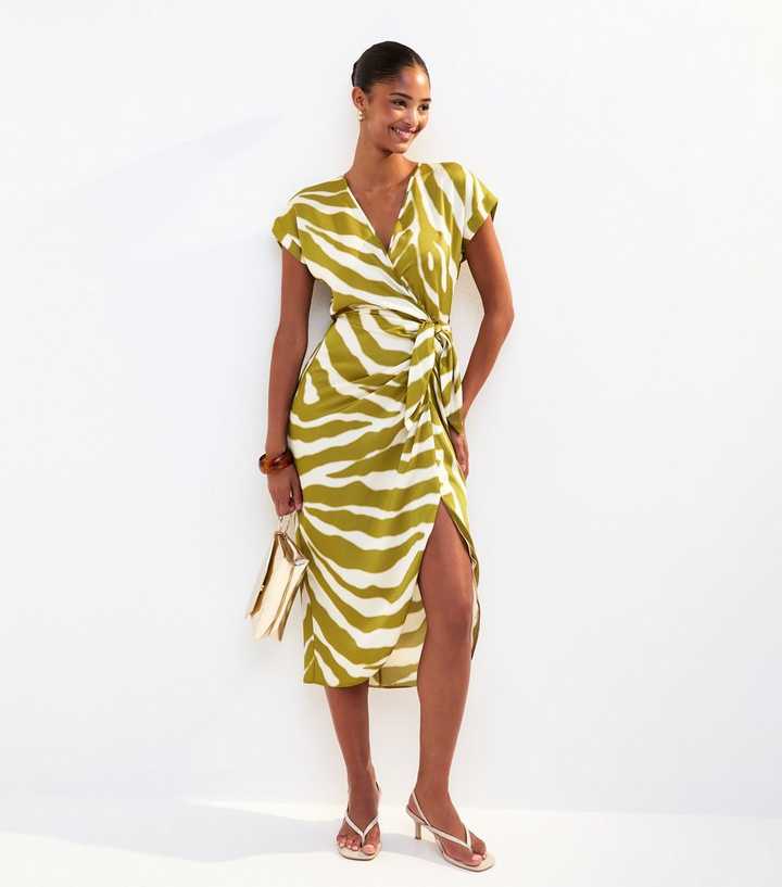 Green Zebra Print Wrap Front Midi Dress